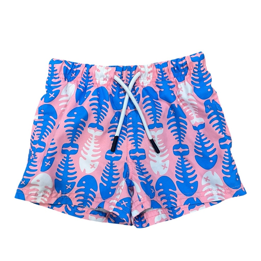 Kids Pink Swim Trunks with Blue & White Fishbone Print